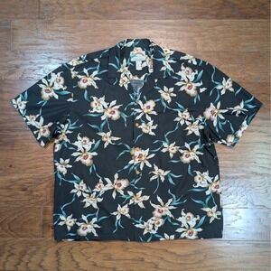 Paradise Found Hawaiian Shirt Mens XL Black Orchid Floral Cotton Button Down
